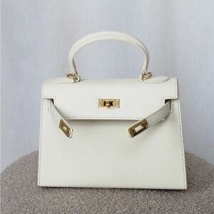 Cream Structured Top-Handle Satchel with Gold Hardware